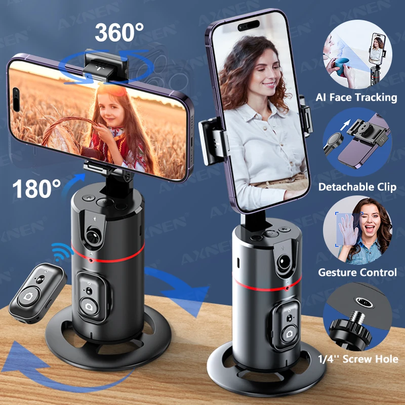P02 360-Grad-Gimbal-Stabilisator, Follow-up Selfie Desktop Face Tracking Gimbal für Tiktok Smartphone Live, mit Fernauslöser