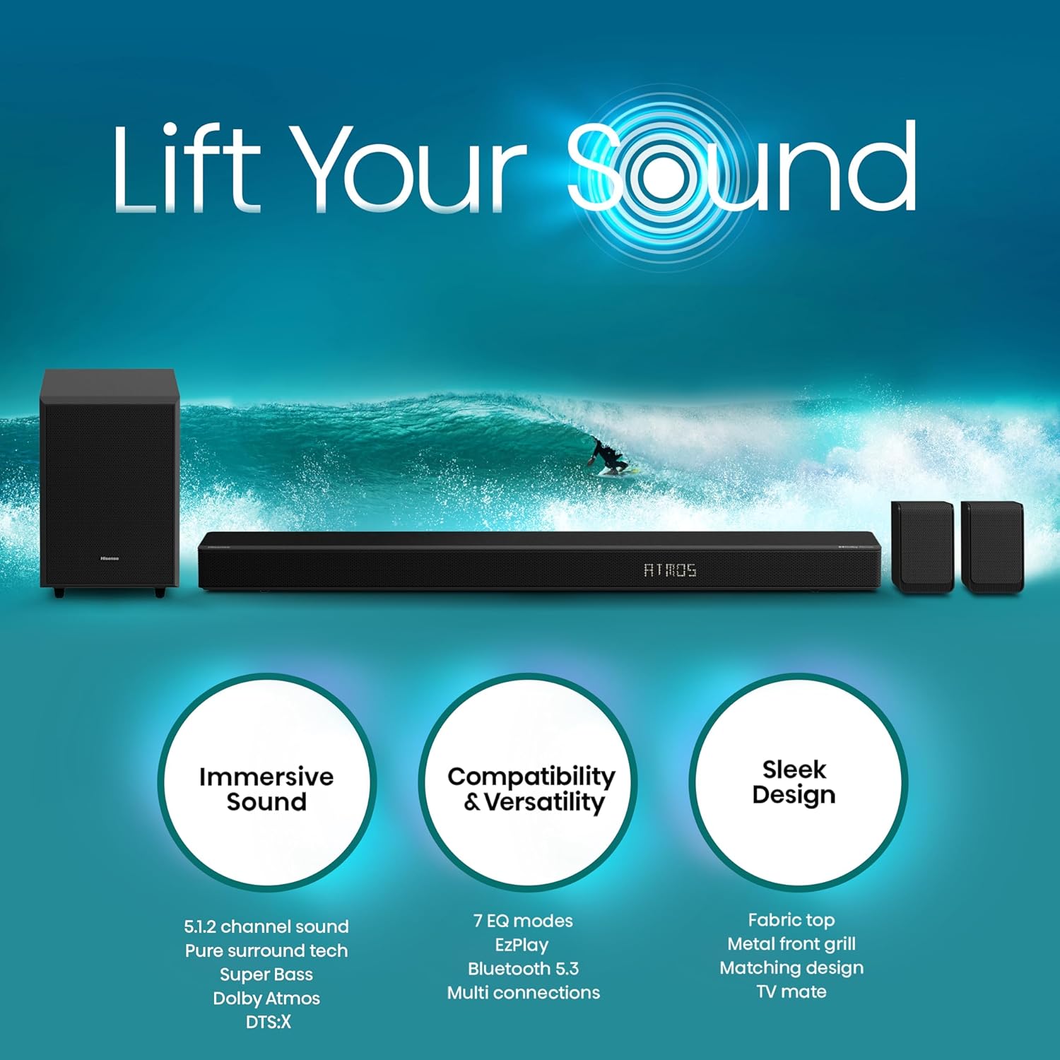 AX5125H 5.1.2Ch Sound Bar with Wireless Subwoofer, 500W, Dolby Atmos, Bluetooth 5.3, EzPlay, 4K HDMI Pass Through