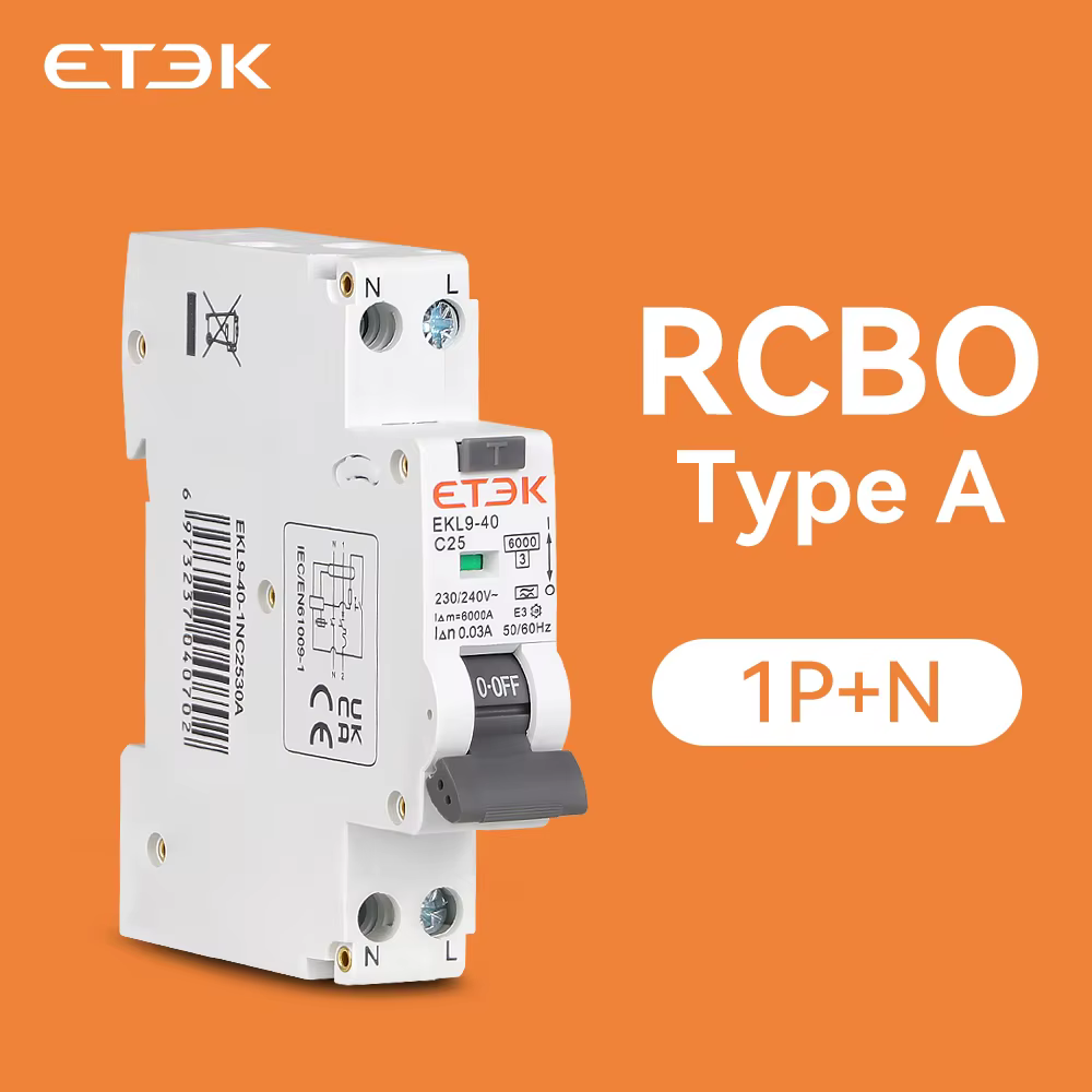 ETEK RCBO Автоматический выключатель остаточного типа A 6KA 1P+N 2P 16a 20a Curve CW с защитой от утечки перегрузки по току 30 мА EKL9-40
