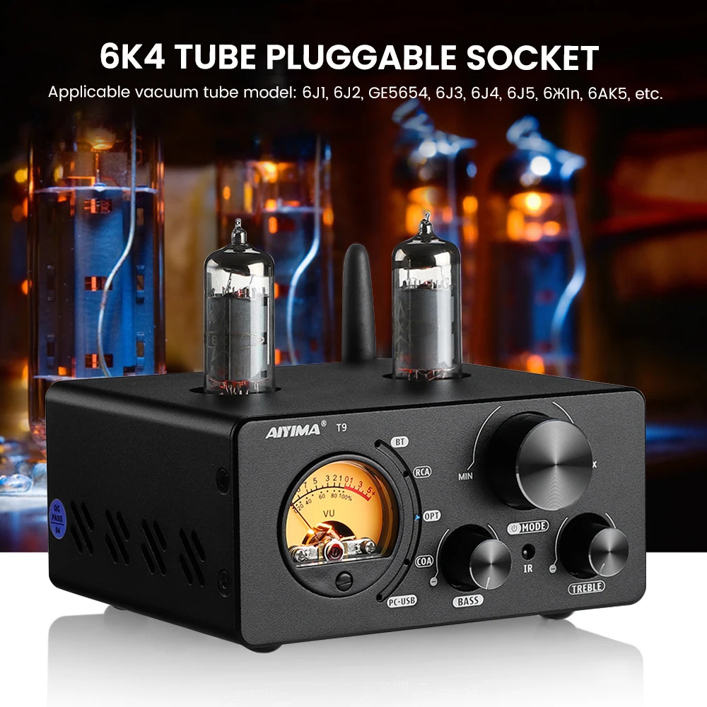 AIYIMA Audio T9 Bluetooth 5.0 Vakuumröhrenverstärker USB DAC Stereoempfänger COAX/OPT HiFi Home Audio Digitalverstärker mit VU Meter 100 W