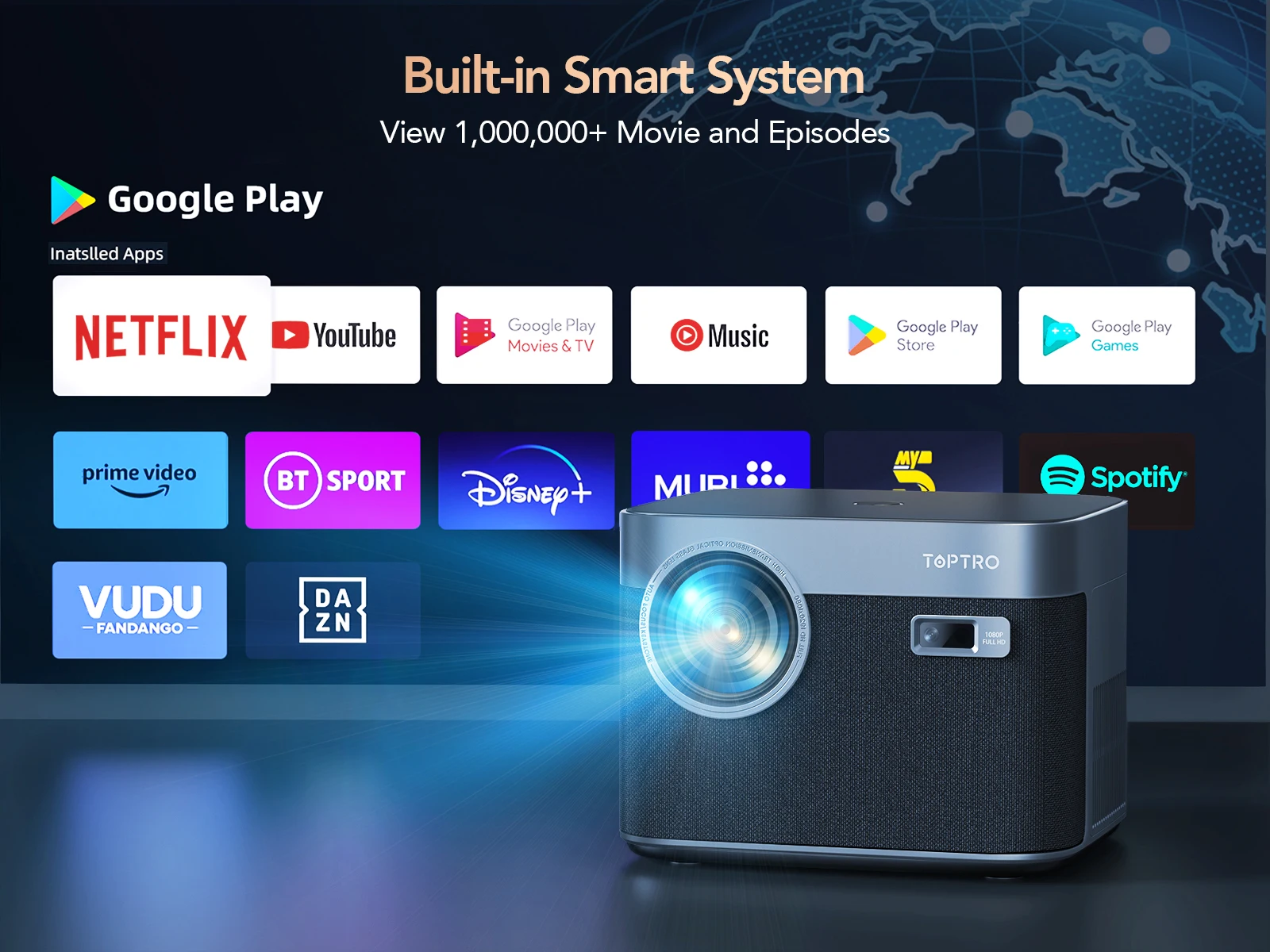 Android TOPTRO-4Kプロジェクター,9.0ルーメン,26000 p,wifi 6,bluetooth,オートフォーカス,キーストーン,屋外,ホームシアター,1080