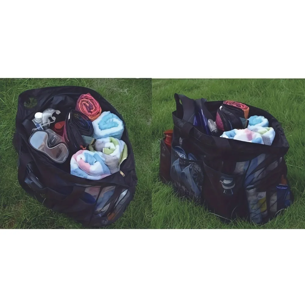 Bolsa de praia de malha extra grande, sacola de malha respirável com zíper e bolsos laterais, bolsa organizadora portátil de acabamento de grande capacidade, 1 peça