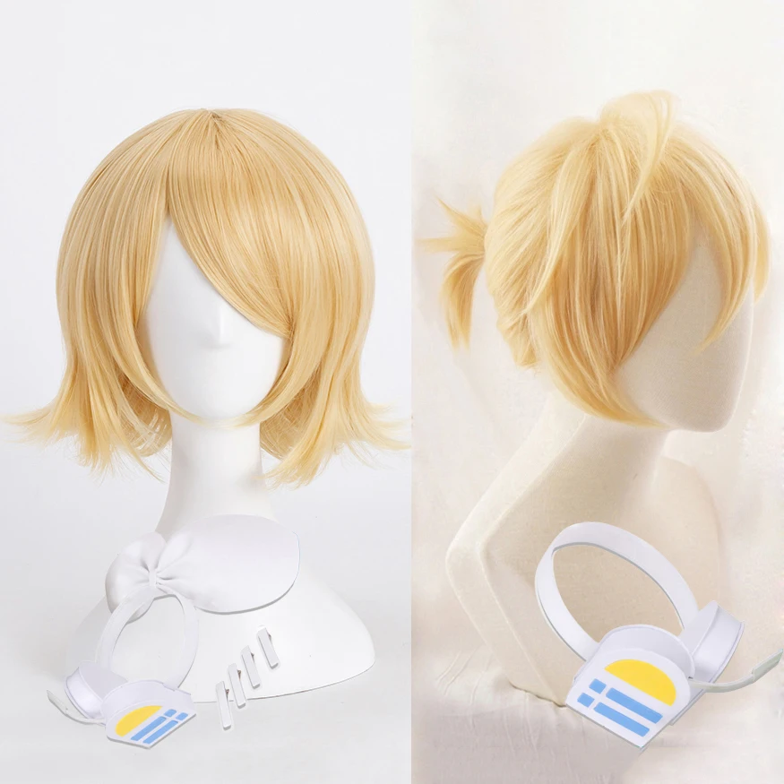 Rin Len Ngắn Tóc Vàng Chịu Nhiệt Tóc Tổng Hợp Anime Cosplay Bộ Tóc Giả + Đường Mã + Tặng Bộ Tóc Giả Bộ Đội