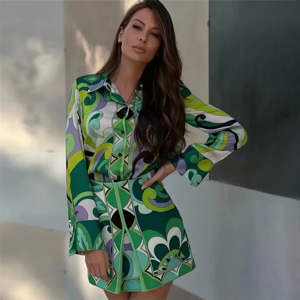 Летние комплекты юбок Женские топы 2024 Модная рубашка с длинным рукавом с растительным принтом и цветочным принтом Юбка трапециевидной формы с высокой талией Пляжные комплекты в стиле бохо Юбка Y2k