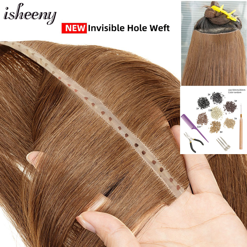 Invisible Hole Weft Human Hair Extensions 12"-24" Double Inject Twin Tab Weft Hair Natural Straight Pull Through Micro Weft Hair