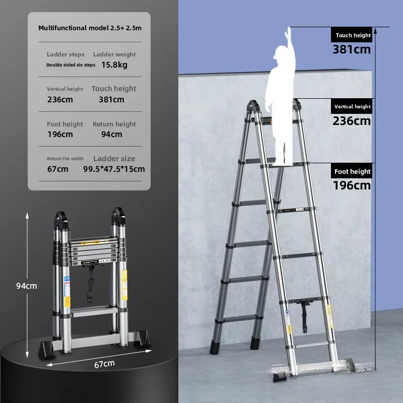 Modello multifunzionale Scala da 2,5+ 2,5 m, doppia scala telescopica multifunzione in alluminio da 5,0 M EN131 CE