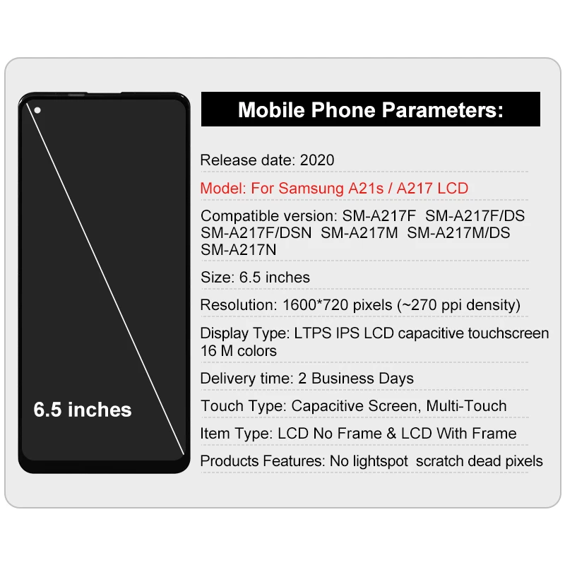6.5 "IPS สําหรับ Samsung Galaxy A21S LCD SM-A217F จอแสดงผล SM-A217F/DS Touch Digitizer อะไหล่สําหรับ Samsung SM-A217M จอแสดงผล
