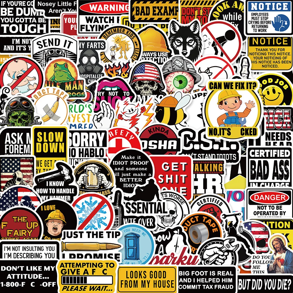 10/30/50/100 Uds. Pegatinas divertidas para sombrero de seguridad con eslogan de advertencia, calcomanías de juguetes de dibujos animados, cuaderno DIY, casco para nevera, regalos de Graffiti impermeables