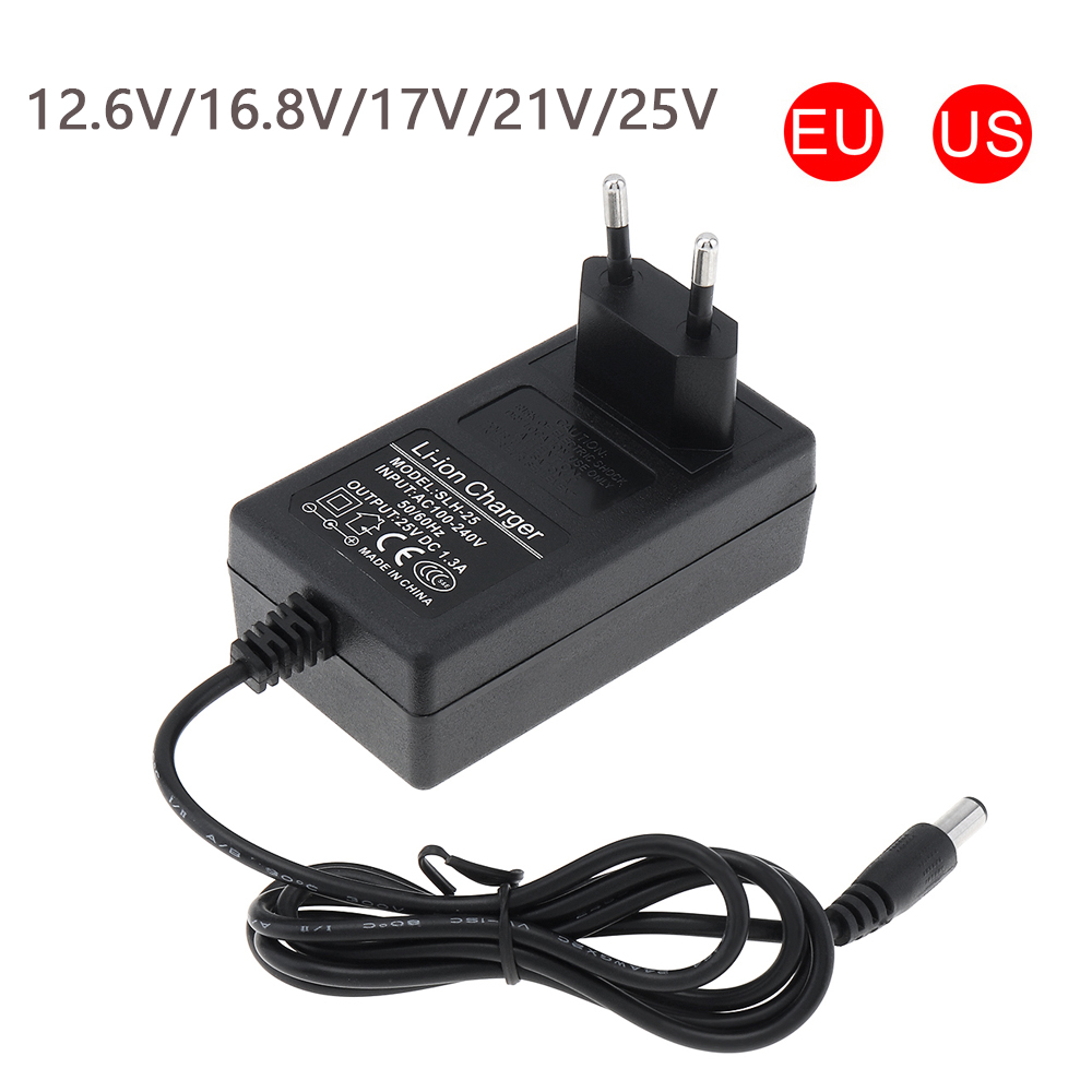 Cargador de fuente de alimentación con adaptador de corriente CC de 12,6/16,8/17/21/25V con enchufe europeo y enchufe estadounidense para taladro eléctrico de litio/destornillador/llave