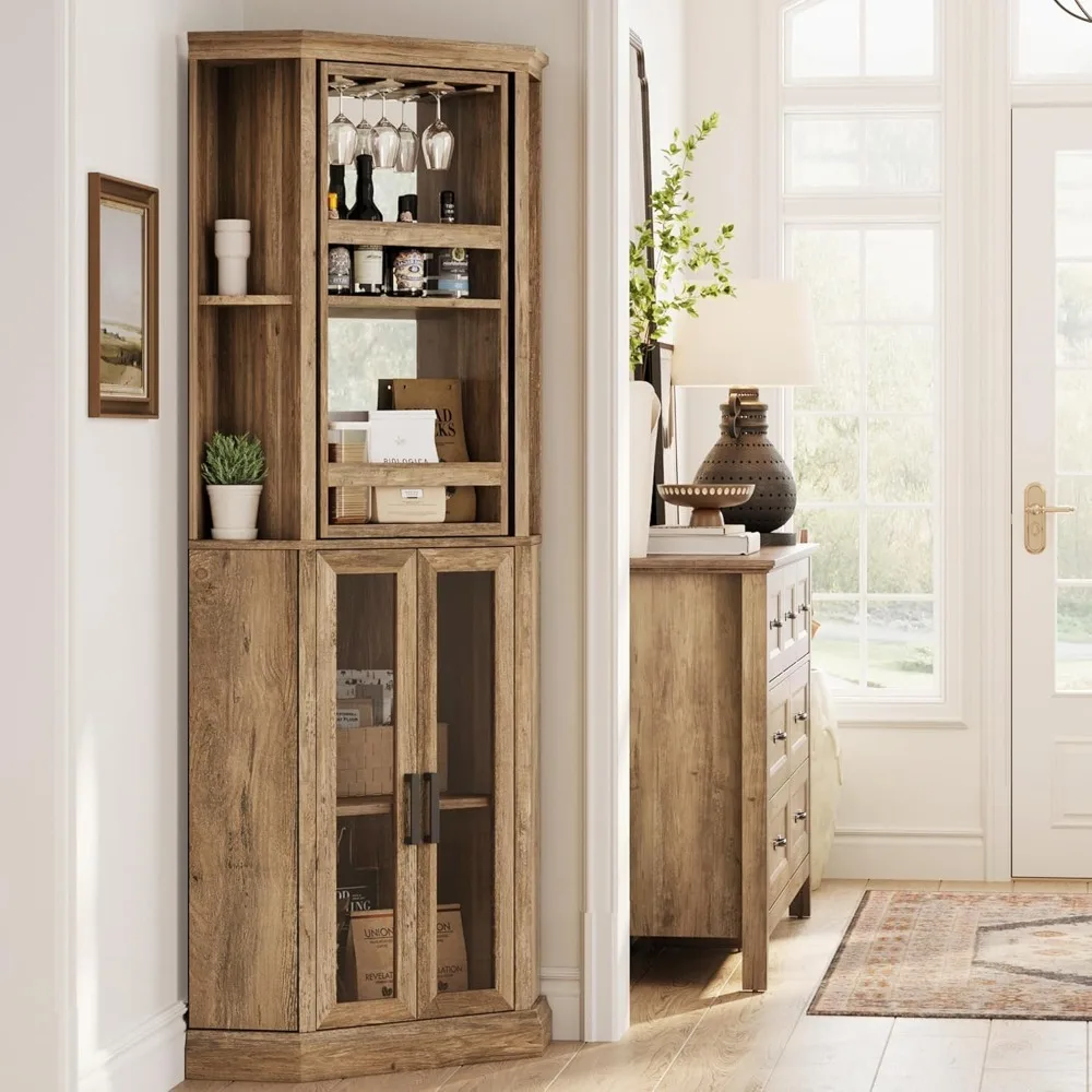Corner Bar Cabinet, 68.5" Tall Farmhouse Wine Cabinet with Rotating Liquor Shelves, Home Bar Cabinet with Barn Door &Adjustable