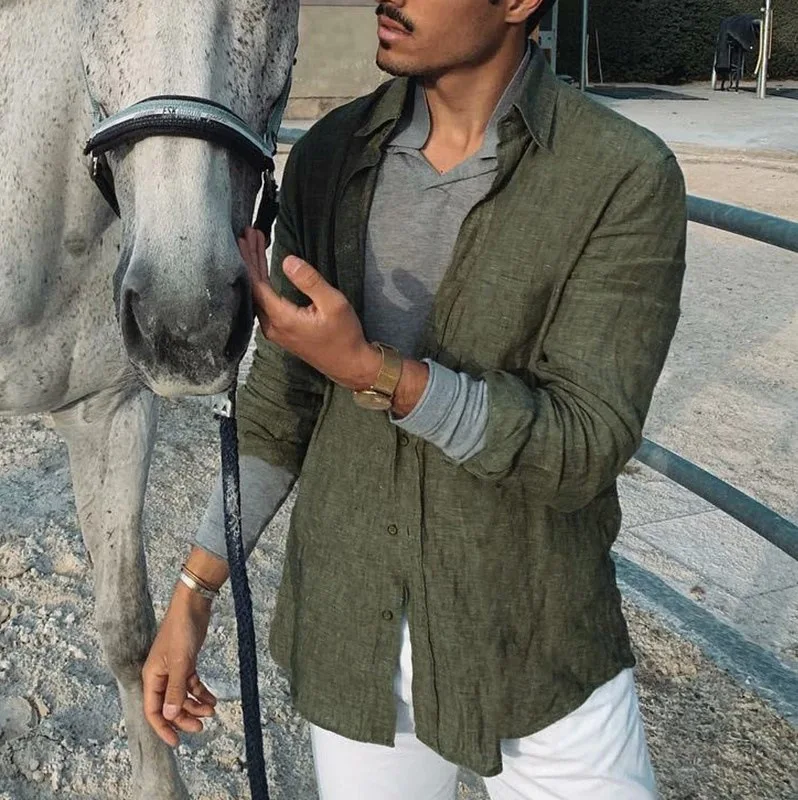 Neue Herren-Strickjacke mit langen Ärmeln, geknöpftem Baumwoll-Leinenhemd und Revers