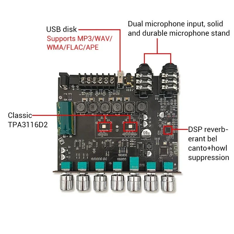 TPA3116D2 Amplificateur stéréo audio numérique Bluetooth 2.1 avec connexion microphone Caisson de basses 50 + 50 + 100 W AMP – ZK-AM100