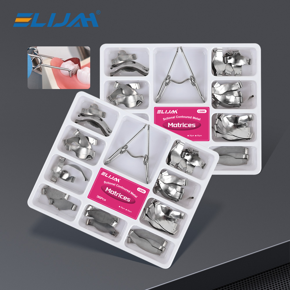 Matriz de metal com contornos seccionais dentários, matriz com clipe de mola no.1.330, faixa de fixação de resina/anel de mergulho, ferramentas para dentista
