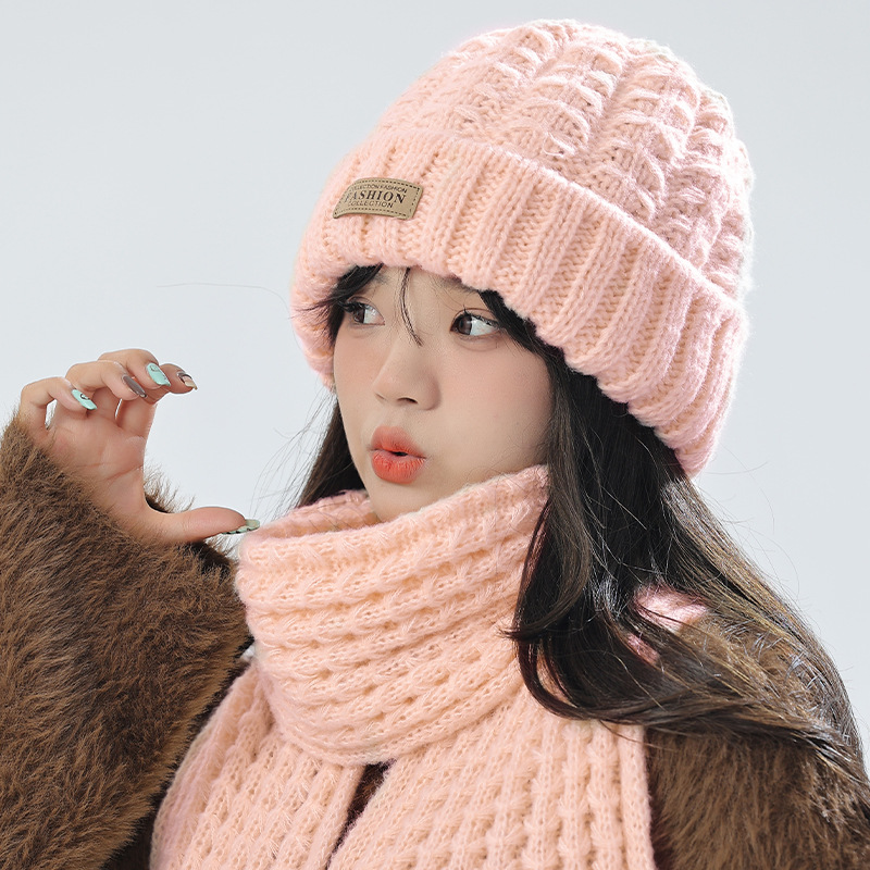 Knitted Hat Scarf Two-Piece Suit, Women's Winter Warm Neck Guard, Face Showing Face, Small Wild Beanie