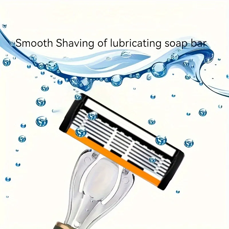 Men's 6-Blade Manual Razor, Orange Non-Slip Handle, Multiple Replacement Blades - Ideal for Trimming Beards and Mustaches