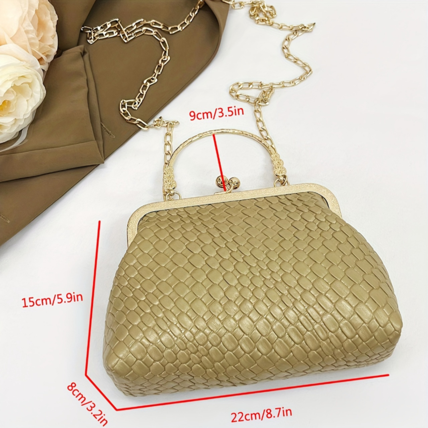 Bolsa de ombro de couro PU texturizada elegante Bolsa feminina com alça de corrente dourada