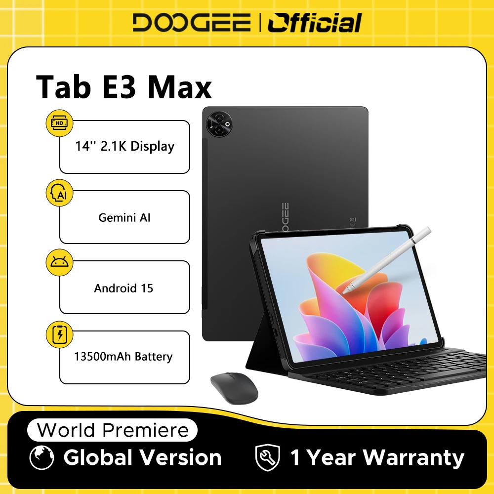 Doogee Tab E3 Max 2 в 1 Планшетный ПК 14 дюймов 2,1K Дисплей Android 15 32 ГБ (8+24) 256 ГБ 13500 мАч Аккумулятор Qual Динамик Helio G100 Планшет
