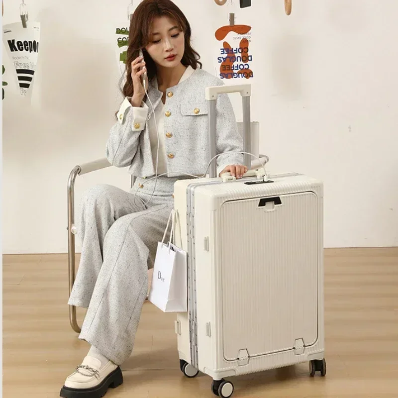 Vorne öffnender Rollgepäckkoffer mit großer Kapazität, Aluminiumrahmen, Trolley-Koffer, USB-Aufladung, Boarding-Koffer mit Getränkehaltern
