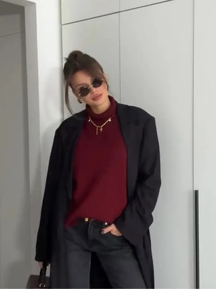 RetroสีทึบคอWarm Lady Pullover Elegantแขนยาวสบายๆ 2024 ใหม่ผู้หญิงฤดูใบไม้ร่วงเสื้อกันหนาว