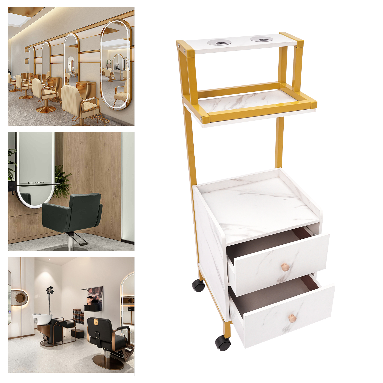 Salon Trolley with Wheels Rolling Barber Cart with Drawers Marbled Board for Beauty Salon Metal Frame Tool Holders