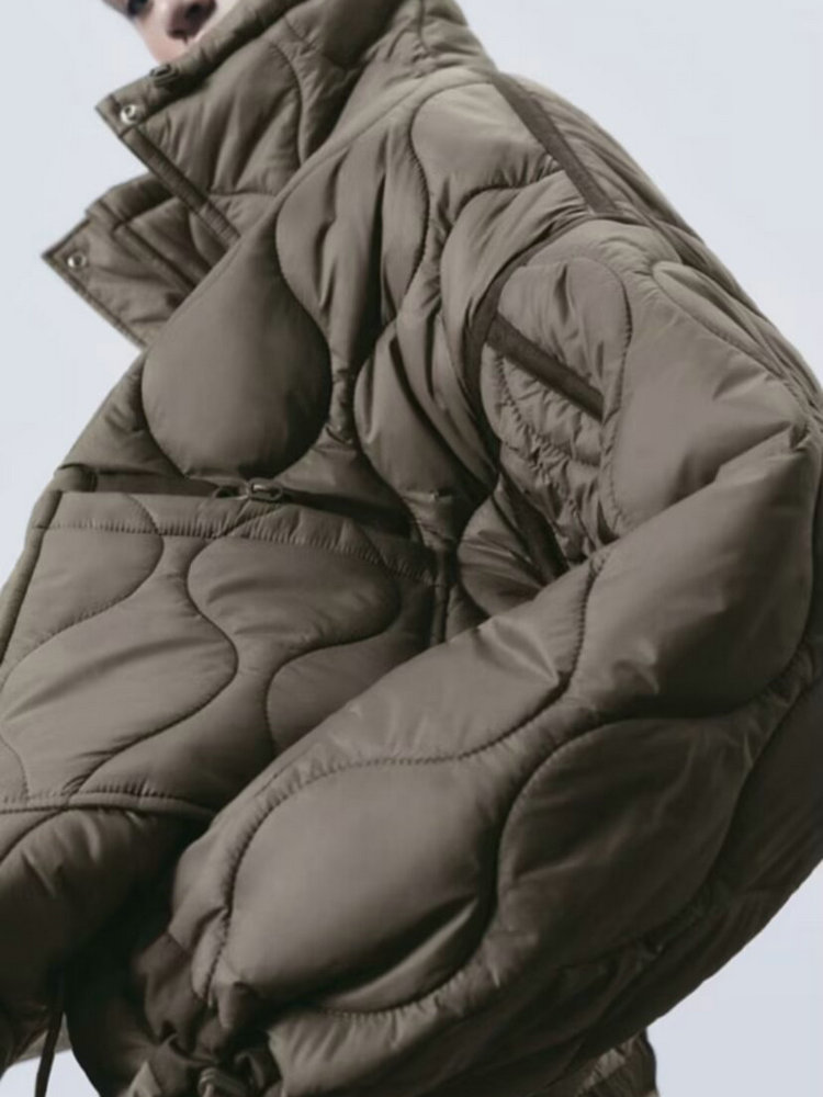 Gewatteerde jas voor dames ETJ 2024traf GEWATTEERDE JAS MET BANDEN nieuw beige katoenen jack met trekkoord en hoge hals en zakclip voor dames