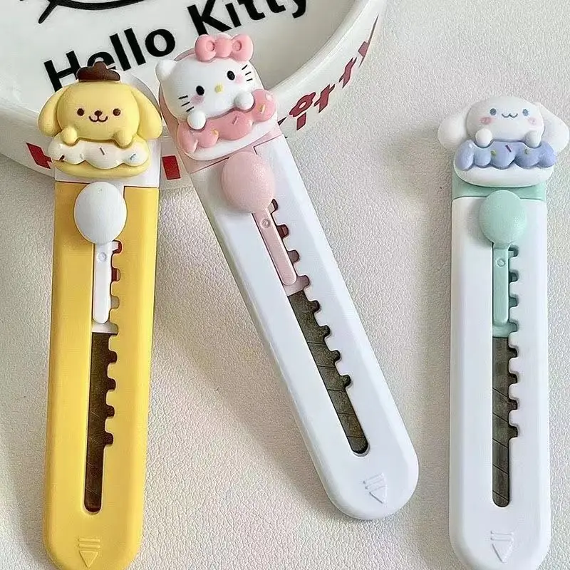 Couteau d'art dessin animé Hello Kitty cannelle, 3 pièces, mignon Purin Portable Express Unboxing, artefact de coupe de papier, outil d'art, cadeaux