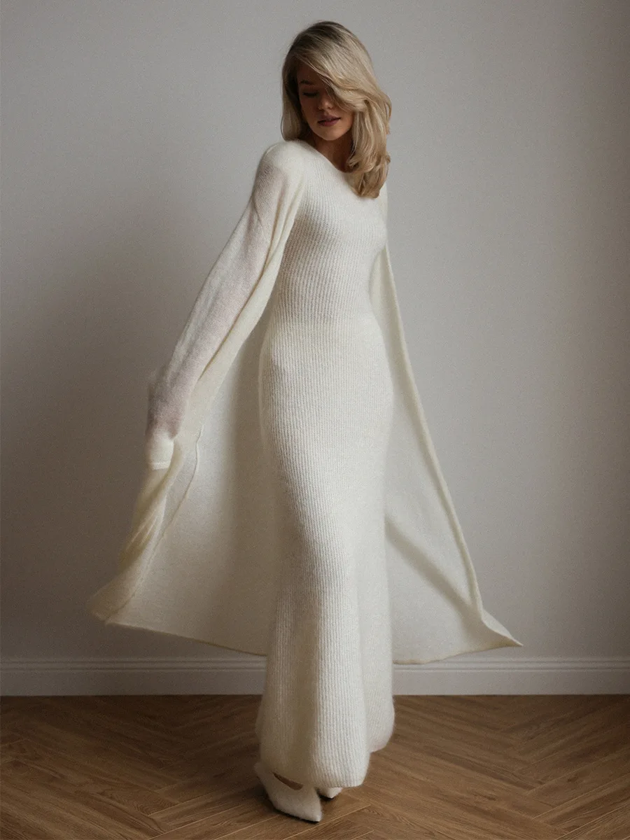 Bornladies Damski Jesienny Kardigan Dzianinowy Bez Rękawów Zestaw Sukienek Jednolity Kolor Modna Sukienka Maxi Elegancka Sukienka Modna Dwuczęściowa