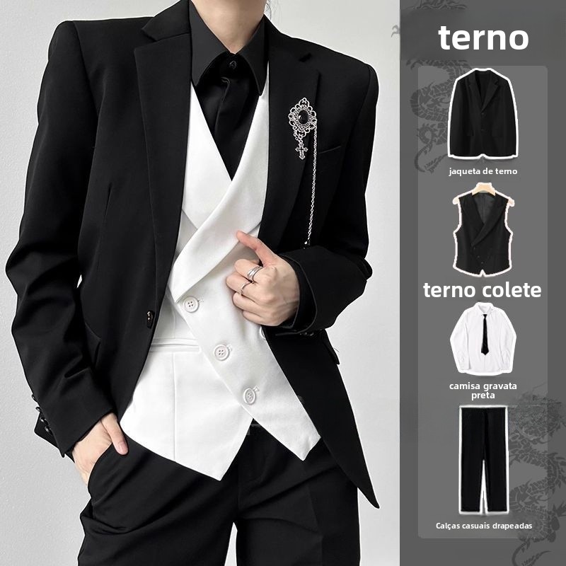 Conjunto de Terno Preto Masculino Primavera Outono, Jaqueta de Cerimônia de Alta Qualidade, Estilo Slim Neutro, Colete com Pu...