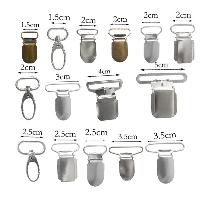 10 unids/lote Clips para tirantes soporte de Metal de plomo para bebé gancho para chupete 1,5 cm 2cm 2,5 cm 3cm 3,5 cm 4cm 5cm para tirantes