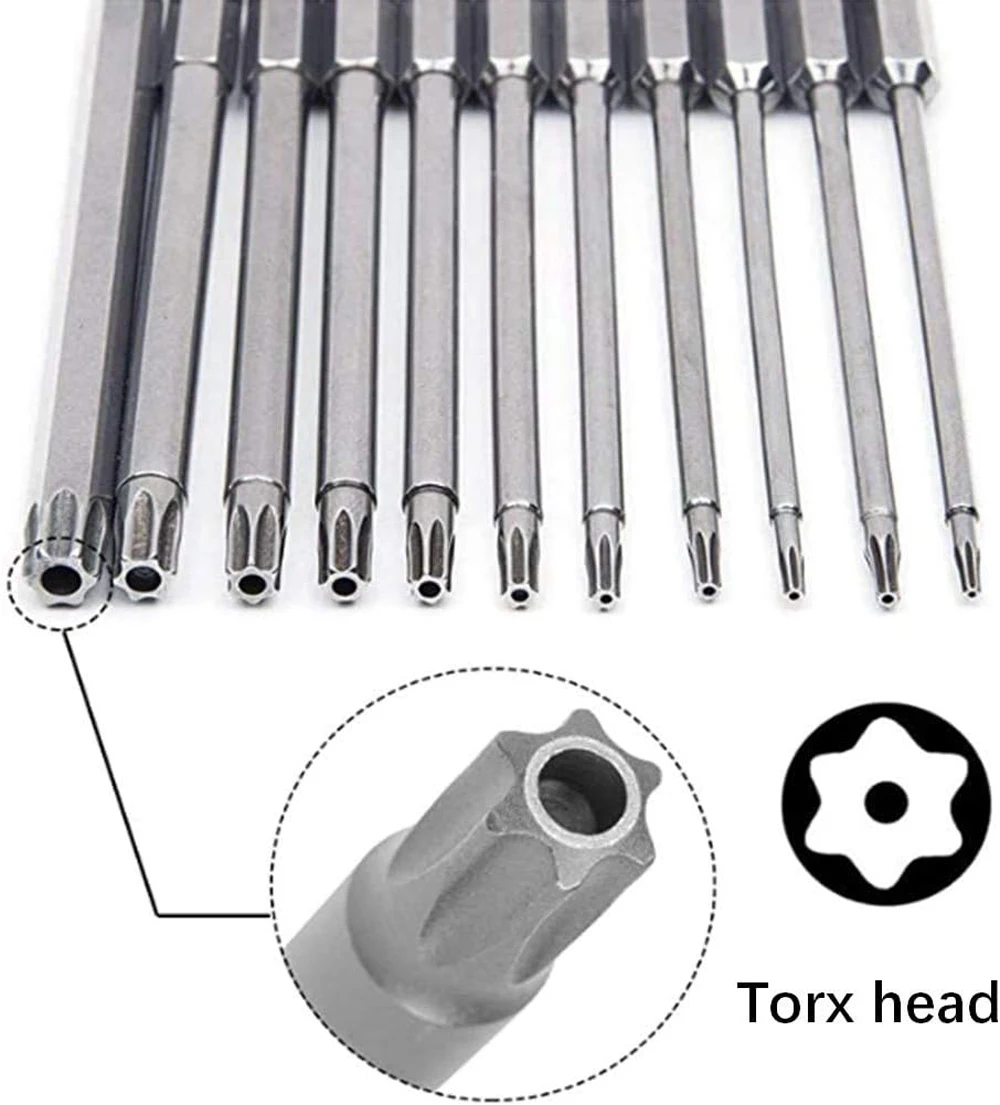 Hex Shank Torx Security Head ไขควงเจาะชุด 4 นิ้วความยาว S2 เหล็ก Torx ไขควงชุด Bit 11/12 ชิ้น Torx หัว 1/4 นิ้ว