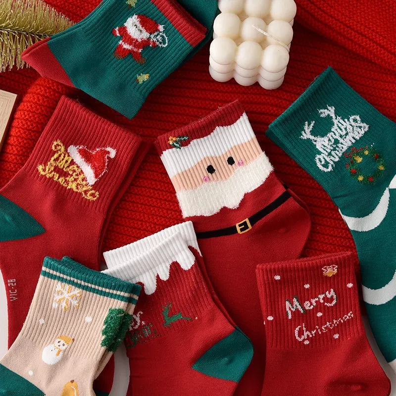 女性用の厚手のカシミヤソックス,5ペア,ランダム,ミドルチューブ,クリスマスギフト,秋冬,卸売