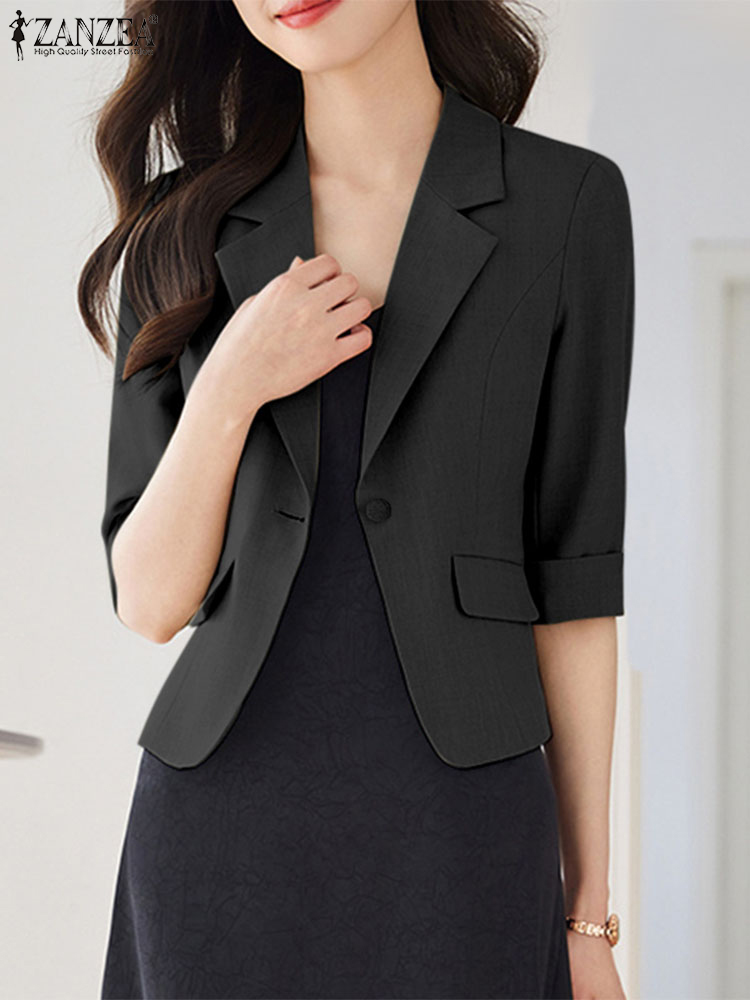 ZANZEA Blazer kerah Lapel elegan, blus Chaqueta wanita jaket kerja OL polos kasual Lengan 3/4