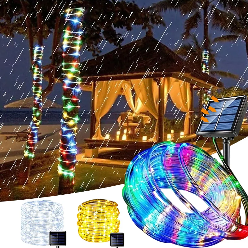Guirnalda de luces LED solares para exteriores, tira de luces impermeables para jardín, decoración navideña, valla de boda, lámpara de hadas, 7M/12M