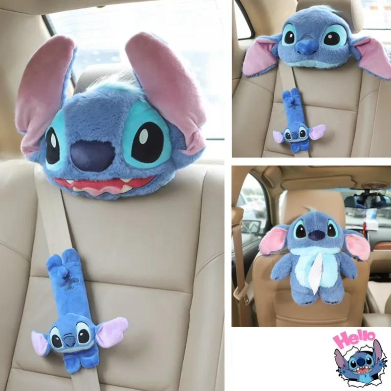 Stich Sicherheitsgurt Schutzhülle Niedliche Cartoon Weiche Plüsch Auto Kopfstütze Nackenkissen Mode Auto Tissue Box Dekor Geburtstagsgeschenk