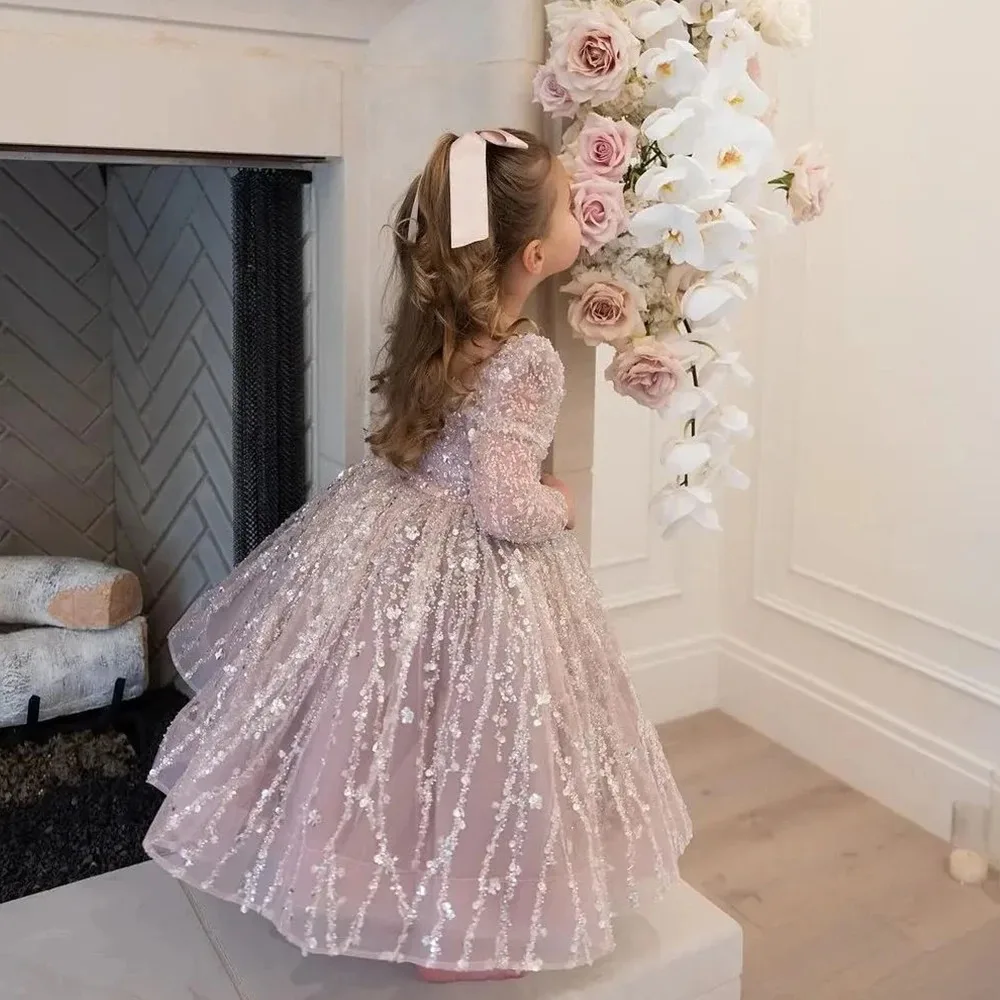 Vestido de tul bordado con lentejuelas de manga larga para niñas con lazo perfecto para ocasiones de niñas de flores celebraciones de cumpleaños Piano Perfo