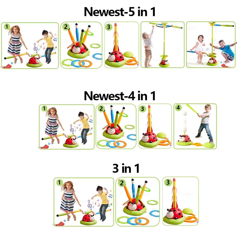 Salto musical brinquedos esportivos jogar anel jogo brinquedo e lançador de foguetes para crianças joaninha multifuncional ao ar livre máquina presentes