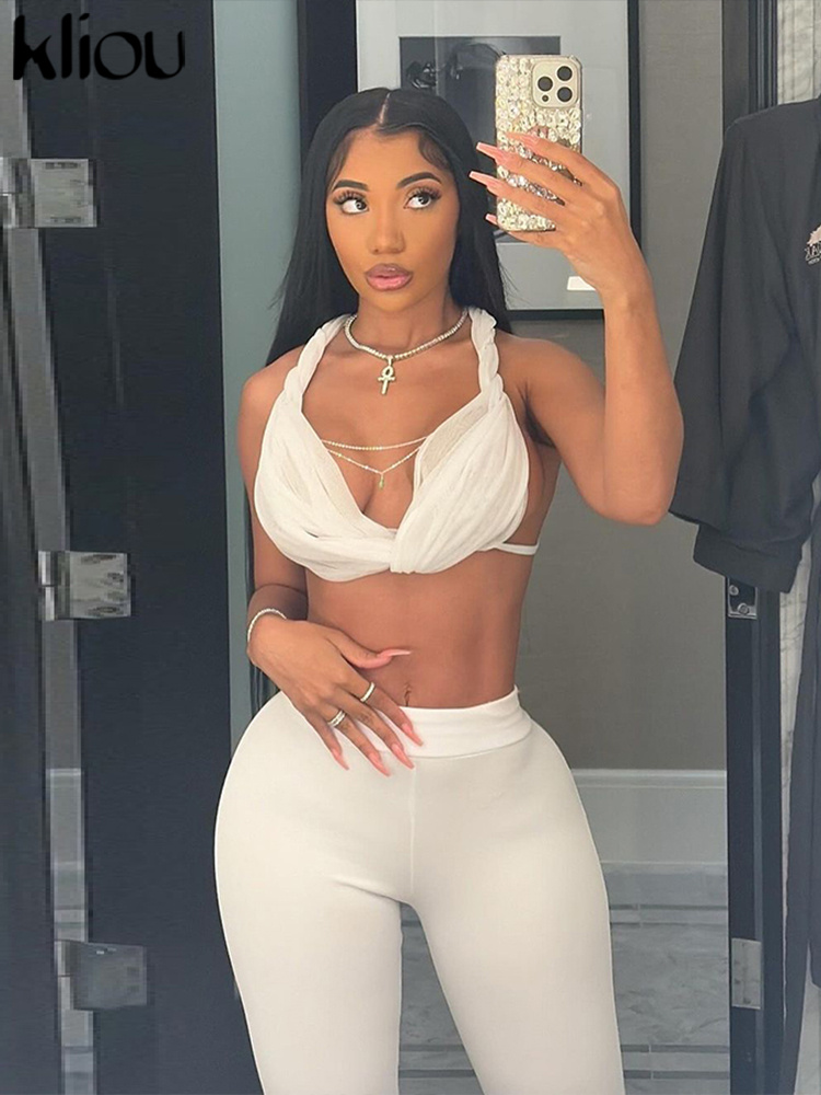 Kliou-女性用ショートトップとショーツのセット,2ピースのマッチングセット,ホルターネック付きショートトップ,セクシーでクラシックなスタイル,新しい