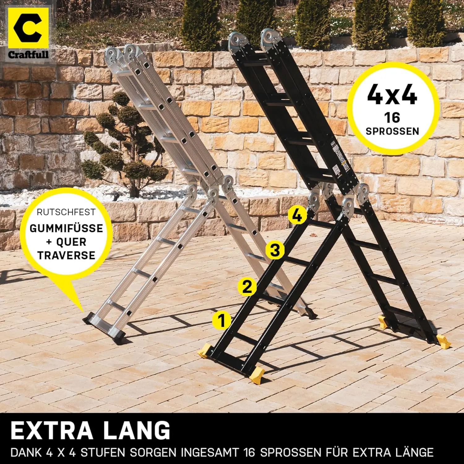 Mehrzweck leiter, 6-in-1, 4x4, 1-16 Sprossen, 475 cm Gesamtlänge, Gelenk leiter, Silber.