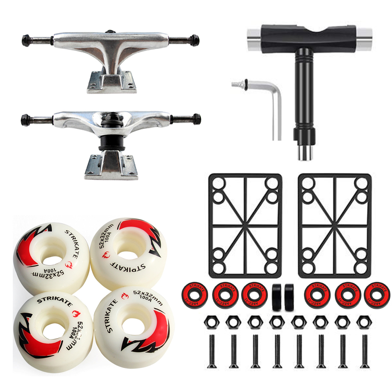STRIKATE Caminhão de skate impresso de 5 polegadas com rodas PU STRIKATE de 52 mm Rolamento de skate Pro 3 mm riserpad 29 mm Kit de hardware