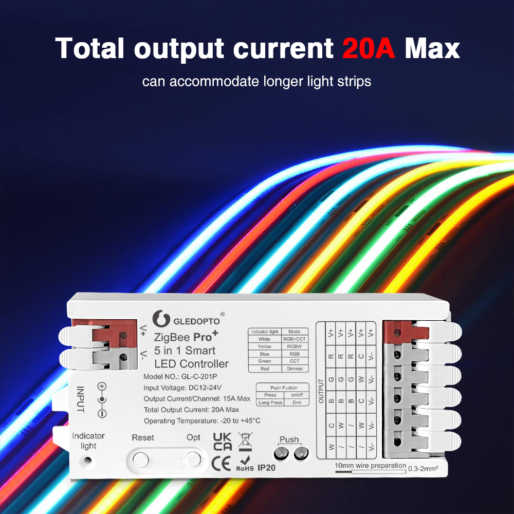 GLEDOPTO ZigBee 3.0 Pro+ 3-in-1 RGBCCT/RGBW/RGB LED-Streifenlicht-Controller 20 A Max H/ue Alexa Homey Tuya Smart APP Sprachsteuerung