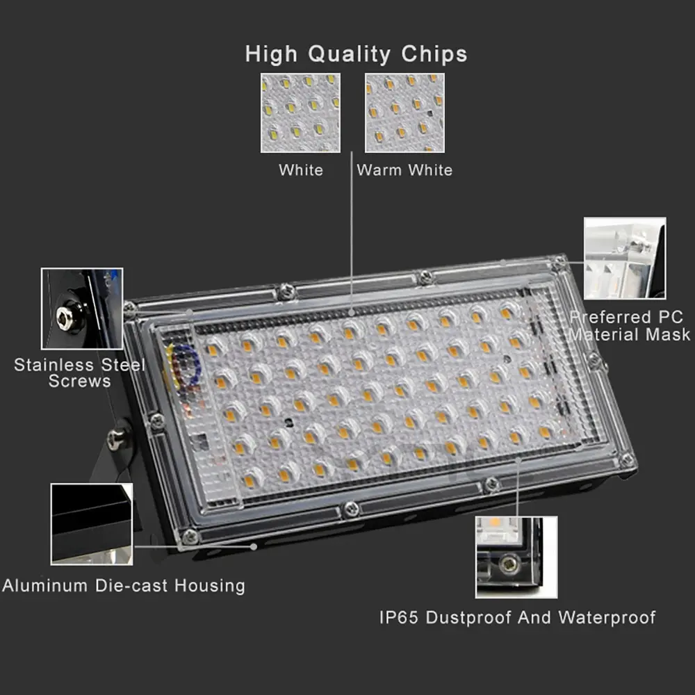 Luz de inundação impermeável ao ar livre, projetor refletor, foco spotlight, ip65, 50w, 220v, 240v