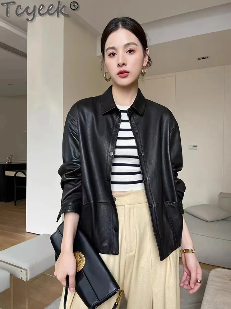 Tcyeek Echt lederjacke Frauen Herbst Echt Schaffell Mäntel Schwarz Ledermantel Damen bekleidung Loose Fit Jaqueta de Couro