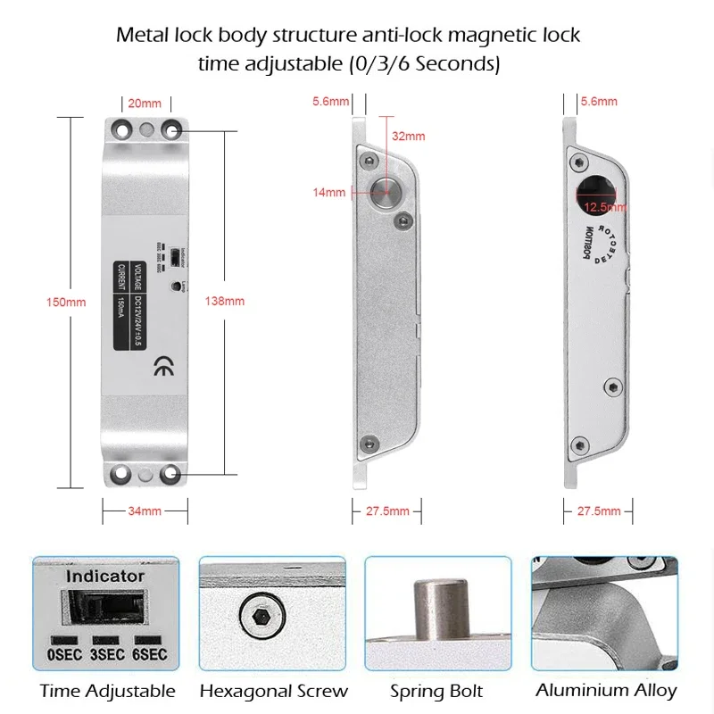 Cerradura de perno de caída eléctrica 5YOA, cerraduras electrónicas de mortaja DC12V con retardo de tiempo ajustable, modo de seguridad contra fallos para Control de acceso