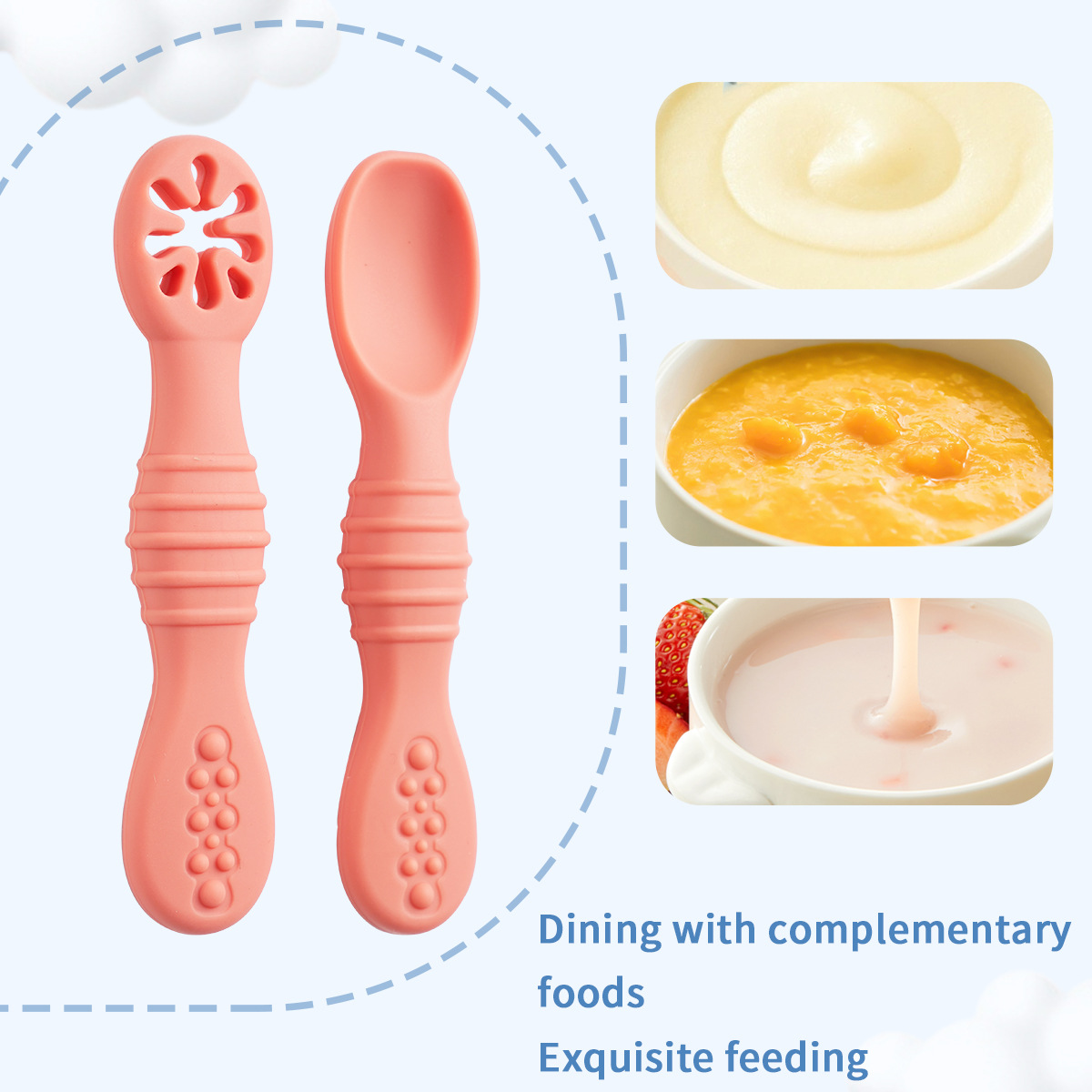 Colher de treinamento de moagem de silicone para bebês, alimentação de bebê, alimentos complementares, pasta de arroz, colher macia de duas cabeças, haste pegajosa para lamber