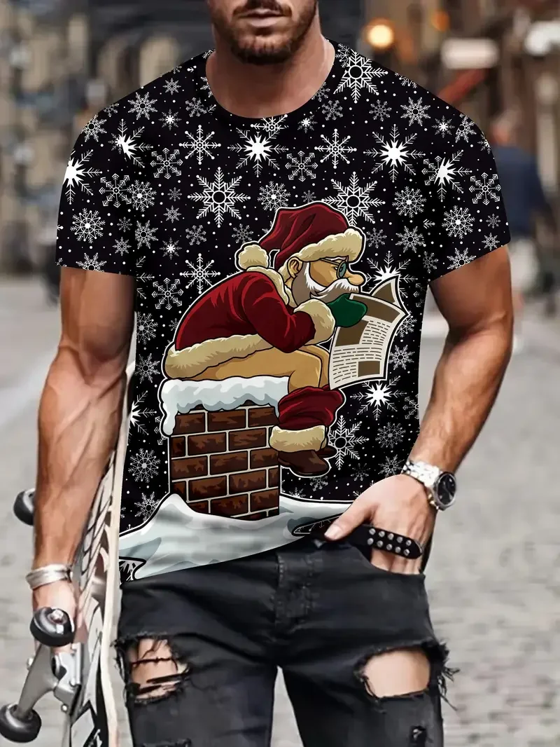 メンズ Tシャツサンタクロースグラフィックプリントプルオーバー夏カジュアル半袖 Tシャツファッションおかしい Tシャツ男性特大服