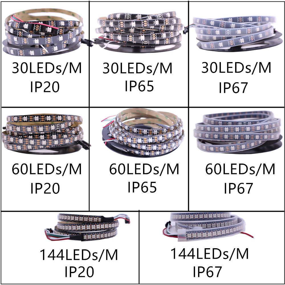 1m/5m WS2812B 30/60/144 Pixels/leds/M Smart Led Pixel strip,Black/White PCB, WS2812B/M ,IP30/IP65/IP67 DC5V