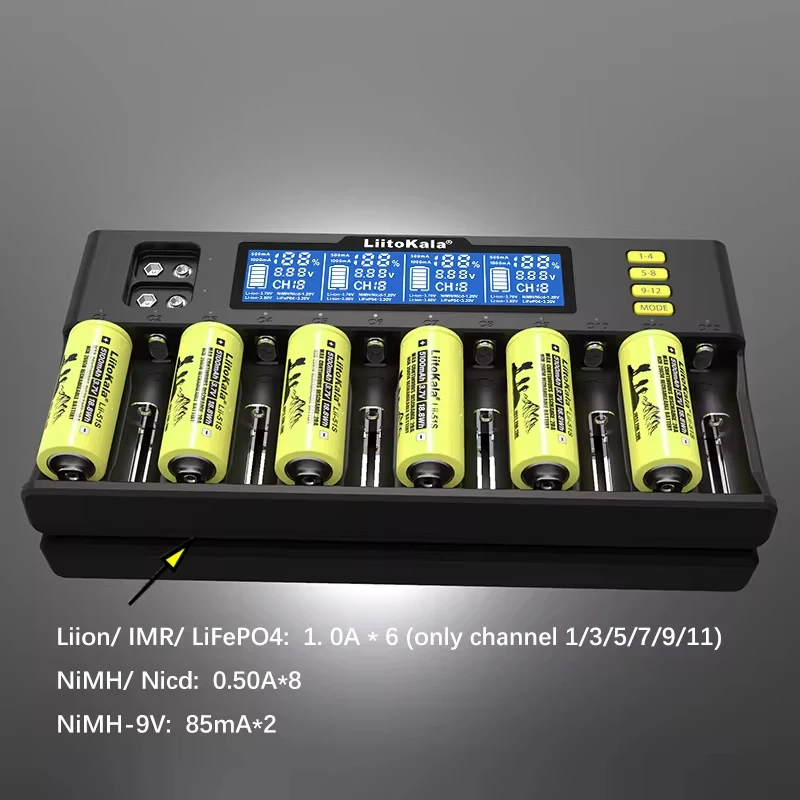 LiitoKala LiI-S12 slimme oplader 14 slots - CE-gecertificeerde universele oplader voor Li-ion/LiFePO4/Ni-MH/9V-batterijen 18650, 26650, AA