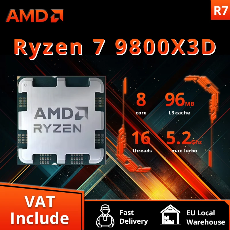 AMD Ryzen ™   7 9800X3D Nowy procesor, 3D V-Cache 8C/16T 120W do 5,2 GHz, L3=96M 100- 100001084   Gniazdo AM5, ale bez chłodnicy