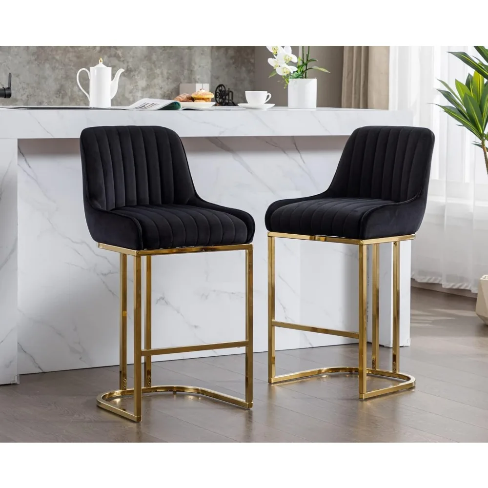 Modern Counter Height Bar Stools Set of 2 Comfortable Velvet Upholstered Breakfast Barstools with Back and Gold Base