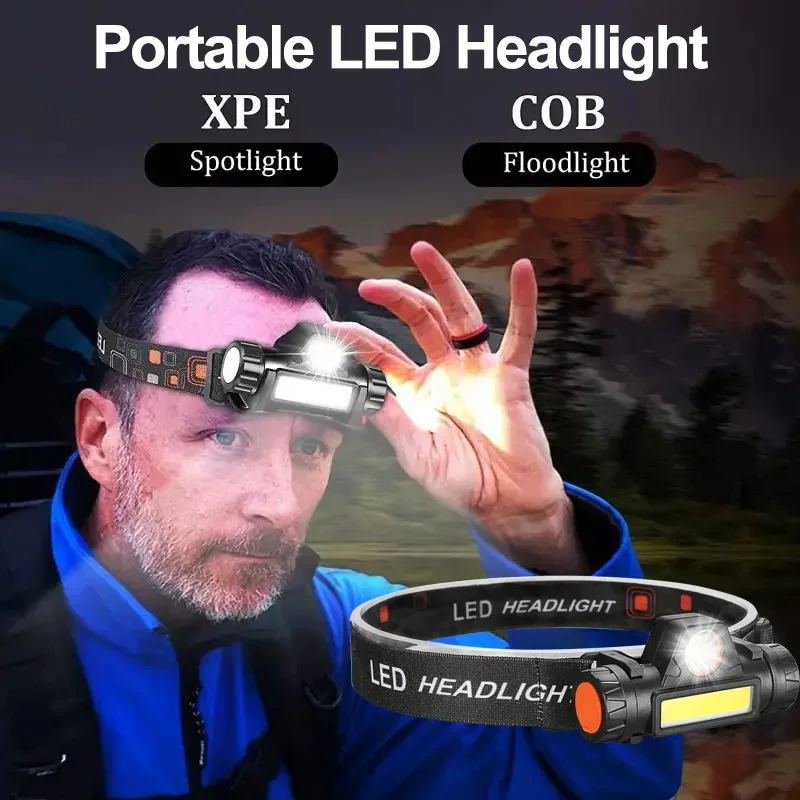 Leistungsstarke LED-Stirnlampe XPE + COB USB wiederaufladbarer Scheinwerfer, wasserdichte Stirnlampe, starke magnetische Taschenlampe für Camping im Freien